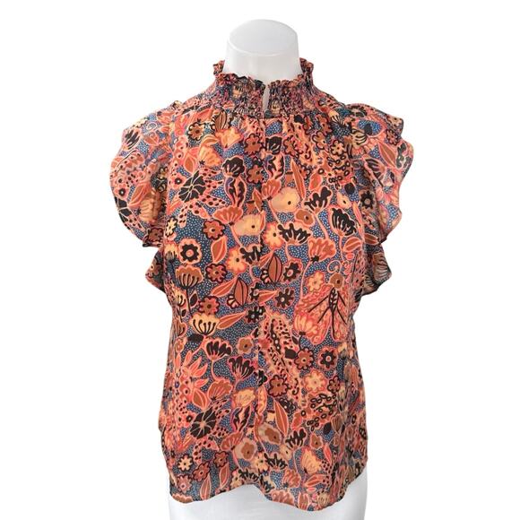 Elie Tahari Orange Blue Floral Dots Turtleneck Smocked Ruffle Blouse Top Size XS - Picture 1 of 5
